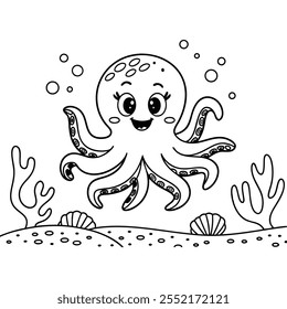 A cute octopus line art coloring book page for kids vector art illustration on white background.