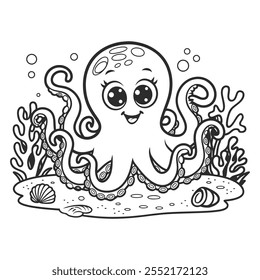 A cute octopus line art coloring book page for kids vector art illustration on white background.