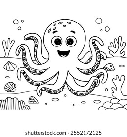 A cute octopus line art coloring book page for kids vector art illustration on white background.