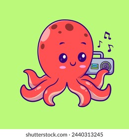 Pulpo Lindo Escuchando Música Con La Ilustración Del Icono Del Vector Del Dibujo Animado De Boombox. Icono de música animal concepto aislado Vector Premium. Estilo plano de dibujos animados