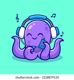 Cute Octopus Listening Music With Headphone Cartoon Vector Icon Illustration. Animal Music Icon Concept Isolated Premium Vector. Flat Cartoon Style