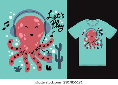 Cute octopus listening music illustration with tshirt design premium vector the Concept of Isolated Technology. Flat Cartoon Style Suitable for Landing Web Pages,T shirt, Flyers, Stickers