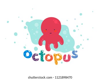 Cute octopus logo design in vector flat style. Colorful logotype for baby center, kindergarden, children shop. Banner template with cartoon letters.