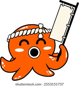 cute octopus logo holding a typical Japanese flag, takoyaki logo, vector