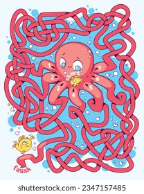 Cute octopus with long tangled tentacles. Children logic game to pass the maze. Educational game for kids. Attention task. Choose right path. Funny cartoon character. Vector illustration. Worksheet