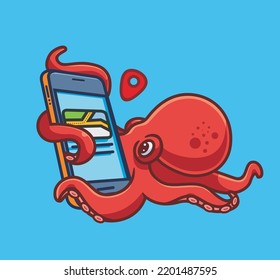 cute octopus looking for maps route. isolated cartoon animal illustration. Flat Style Sticker Icon Design Premium Logo vector. Mascot Character