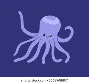 Cute octopus, marine animal. Happy baby kraken smiling, swimming underwater in ocean, under sea water. Adorable kawaii character with tentacles, undersea fauna, nature. Flat vector illustration