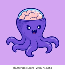 Cute Octopus Monster With Brain Cartoon Vector Icon Illustration. Animal Nature Icon Concept Isolated Premium Vector. Flat Cartoon Style