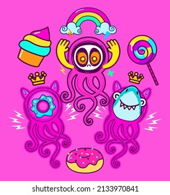 cute octopus monster character vector with sweet food