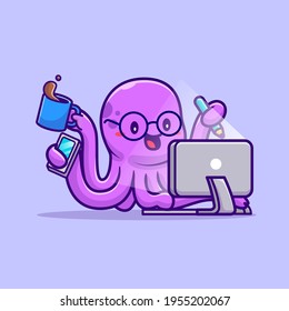 Cute Octopus Multitasking Cartoon Vector Icon Illustration. Animal Technology Icon Concept Isolated Premium Vector. Flat Cartoon Style