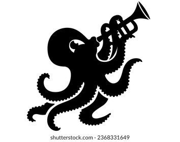 Cute octopus musician playing the trumpet - vector silhouette picture for logo or pictogram. Octopus, a sea animal, plays the trumpet, a musical instrument.