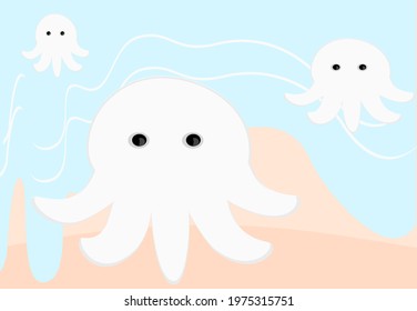 Cute octopus, on the beach by the sea, the white body is chubby and cute. Vector illustration Beach and sea