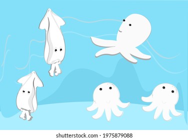 Cute octopus, on the beach by the sea, the white body is chubby and cute. Vector illustration Beach and sea