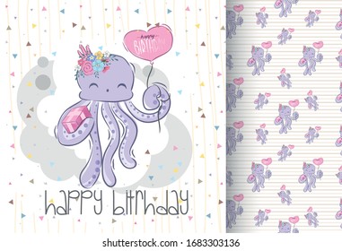 Cute octopus on a birthday with a seamless pattern