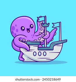 Ilustración del icono del Vector de dibujos animados del pulpo lindo en el barco. Icono de Transporte animal Concepto de Vector Premium aislado. Estilo plano de dibujos animados