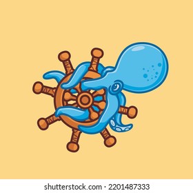 cute octopus on ship wheel. isolated cartoon animal illustration. Flat Style Sticker Icon Design Premium Logo vector. Mascot Character