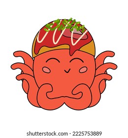 Cute octopus Osaka, Japan. Vector illustration of popular Japanese fast food with octopus. Takoyaki icon with Japanese mayonnaise, sauce, octopus and greens. Isolated background. Osaka, Japan.