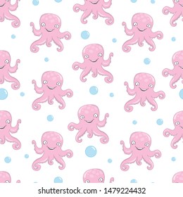 Cute octopus pattern on white background with bubbles. Vector illustration