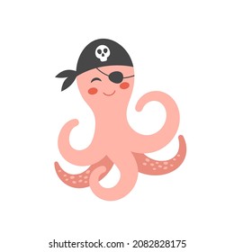 Cute octopus in pirate bandana and eye patch. Marine life cartoon character for children's cards, books, greeting cards. Flat vector illustration isolated on white background.