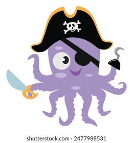 Cute octopus pirate captain vector cartoon illustration