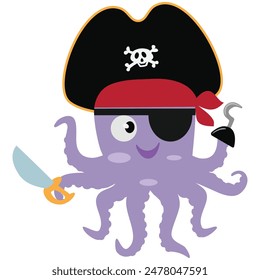 Cute octopus pirate captain vector cartoon illustration