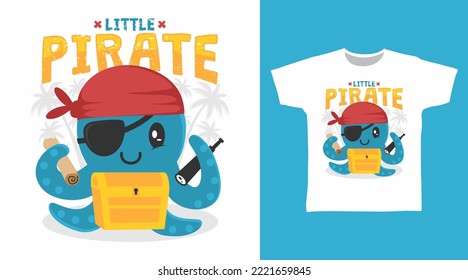 Cute octopus pirate cartoon tshirt art design