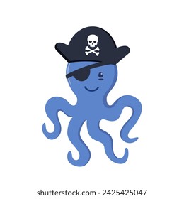 Cute octopus pirate character in pirate hat with skull and bones. Vector illustration