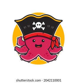 Cute octopus pirate mascot character logo cartoon icon illustration flat cartoon style design