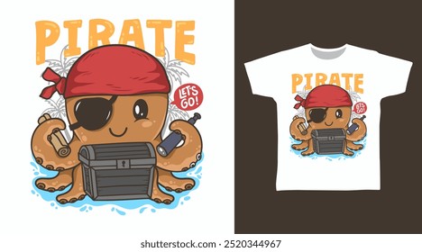 Desenhos de camisetas bonito do vetor pirata do polvo.