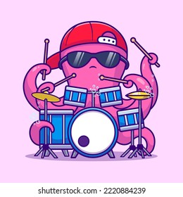 Cute Octopus Playing Drum Cartoon Vector Icon Illustration. Animal Music Icon Concept Isolated Premium Vector. Flat Cartoon Style