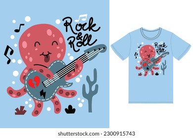 Cute octopus playing guitar illustration with tshirt design premium vector vector the Concept of Isolated Technology. Flat Cartoon Style Suitable for Landing Web Pages,T shirt, Flyers, Stickers