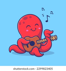 Ilustración De Icono Del Vector De Cintas De Música De Guitarra De Octopus Cuto. Vector Premium Aislado De Concepto De Icono De Música Animal. Estilo de dibujo plano