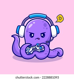 Reproducción De Octopus Con Ilustración De Icono De Vector De Caricatura De Auriculares Y Controladores. Vector Premium Aislado De Icono De Tecnología Animal. Estilo de dibujo plano