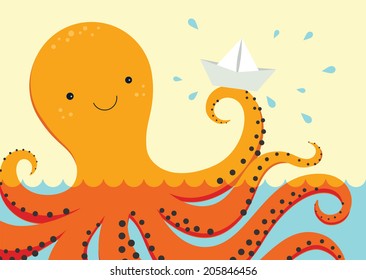 Cute octopus playing paper ship.