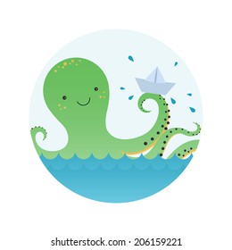 Cute octopus playing paper ship. Vector illustration.