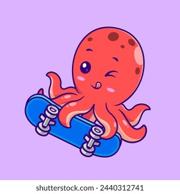 Netter Oktopus, der Skateboard spielt, Cartoon Vector Icon Illustration. Tiersport-Ikone Konzept isoliert Premium Vektor. Flacher Zeichentrickstil