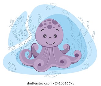 Cute octopus, purple flowers, fish, corals, kelp, on a blue background. Vector illustration in cartoon style.