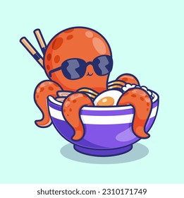 Cute Octopus In Ramen Noodle With Glasses Cartoon Vector Icon Illustration. Animal Food Icon Concept Isolated Premium Vector. Flat Cartoon Style