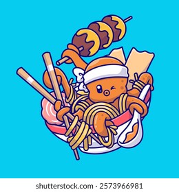 Cute Octopus In Ramen Noodle With Takoyaki Cartoon Vector 
Icon Illustration. Animal Food Icon Concept Isolated Premium 
Vector. Flat Cartoon Style 