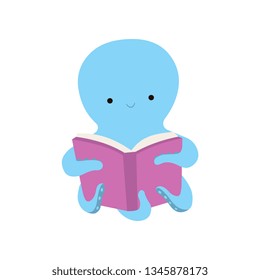 Cute Octopus Reading Book, Adorable Smart Sea Creature Character Sitting with Book Vector Illustration