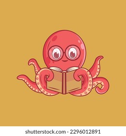 Cute octopus reading book Cartoon Sticker vector Illustration