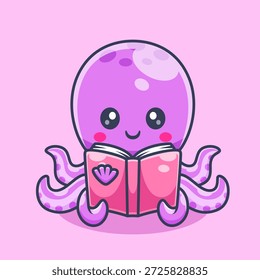 Cute Octopus Reading Book Cartoon Vector Icon Illustration. Animal Education Icon Concept Isolated Premium Vector. Flat Cartoon Style