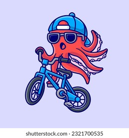 Cute Octopus Riding Bicycle Cartoon Vector Icon Illustration. Animal Sport Icon Concept Isolated Premium Vector. Flat Cartoon Style