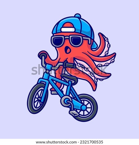 Cute Octopus Riding Bicycle Cartoon Vector Icon Illustration. Animal Sport Icon Concept Isolated Premium Vector. Flat Cartoon Style
