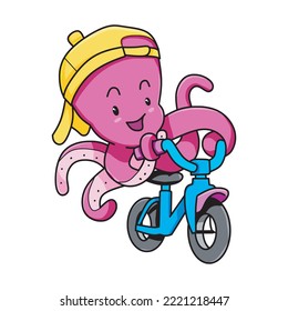 cute octopus riding a bicycle happily