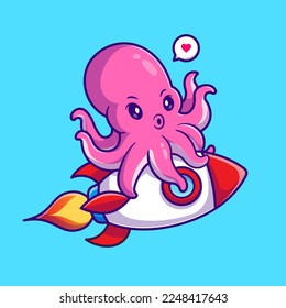 Cute Octopus Riding Rocket Cartoon Vector Icon Illustration. Animal Technology Icon Concept Isolated Premium Vector. Flat Cartoon Style