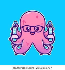 Cute Octopus Scientist Holding Lab Tube Cartoon Vector Icon Illustration. Animal Science Icon Concept Isolated Premium Vector. Flat Cartoon Style