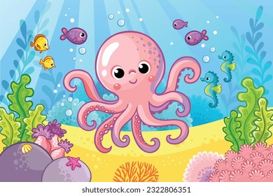 Cute octopus in the sea among fish and algae. Vector illustration with sea animal in cartoon style.
