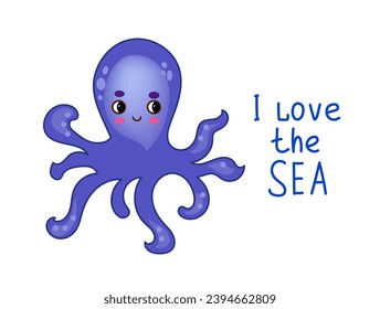 Cute Octopus  sea animals. Marine life objects vector cartoon doodle 3d illustration.