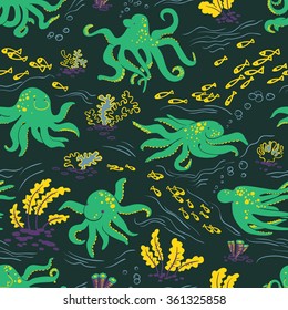 Cute Octopus seamless pattern with algae and fishes